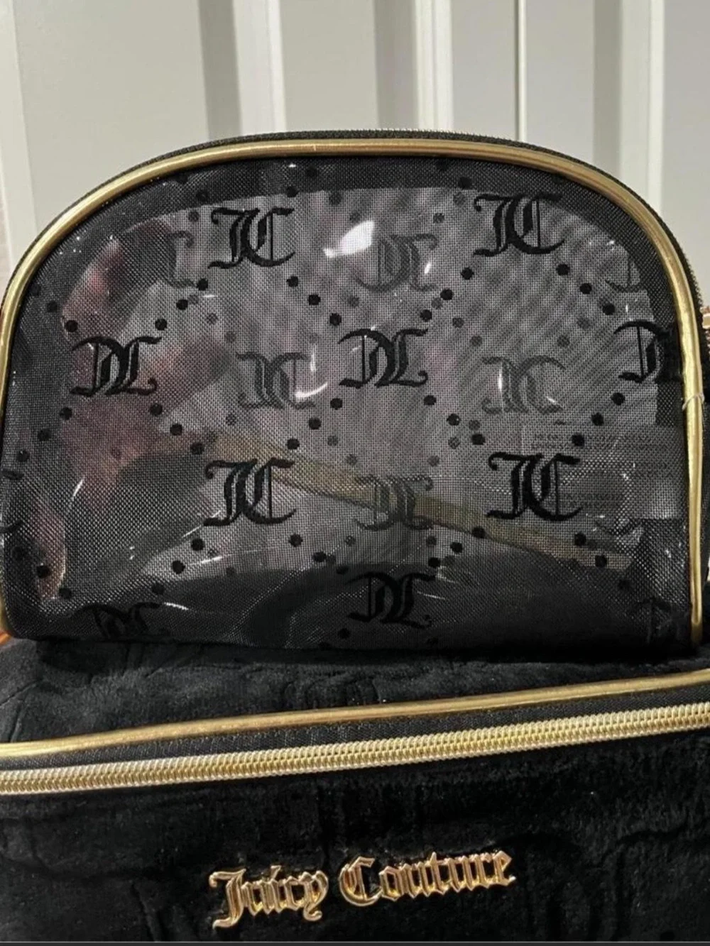 Juicy Couture Black Plush Cosmetic Train Case with Gold Trim